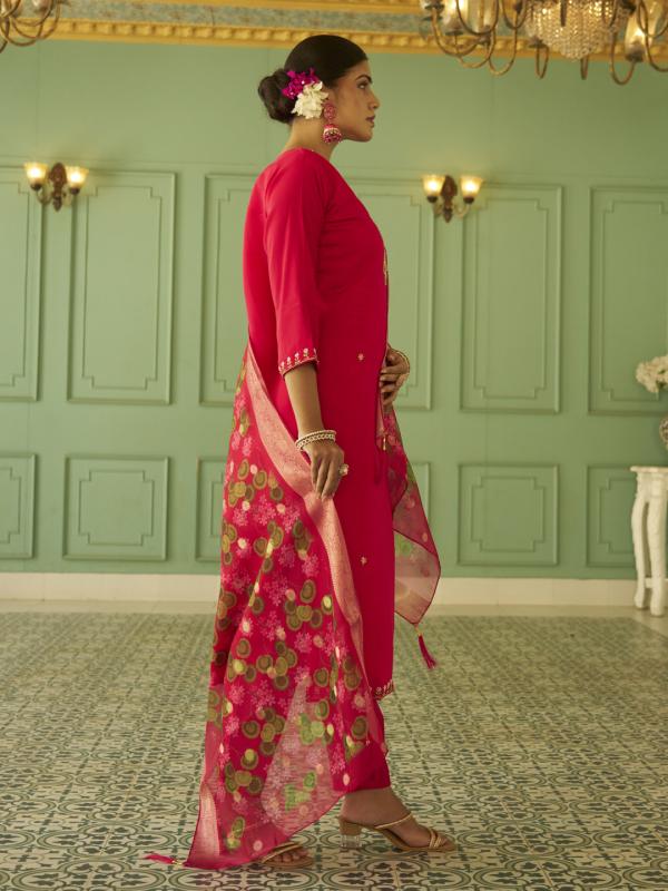 VP 9820 P Beads Embroidered Pink Women Kurta Sets With Dupatta Straight Suits